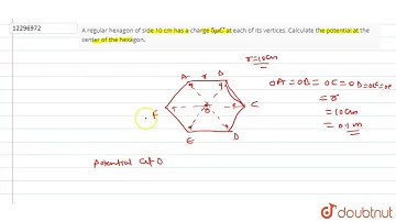 A regular hexagon of side 10 cm has a charge `5 muC` at each  of its vertices.