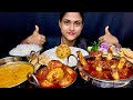 Eating spicy mutton curryspicy egg curry dal chawal aloo bhorta salad papad extra rice