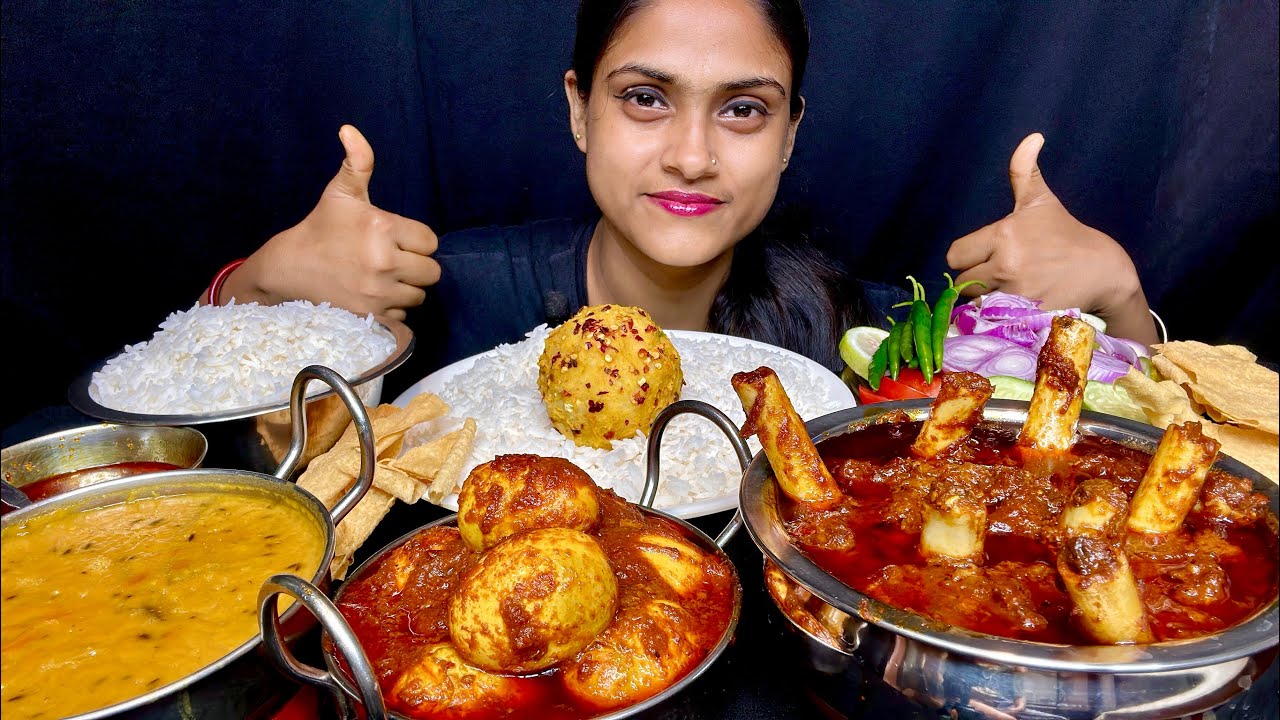 Eating Spicy Mutton Curry,Spicy Egg Curry, Dal Chawal Aloo Bhorta Salad Papad Extra Rice