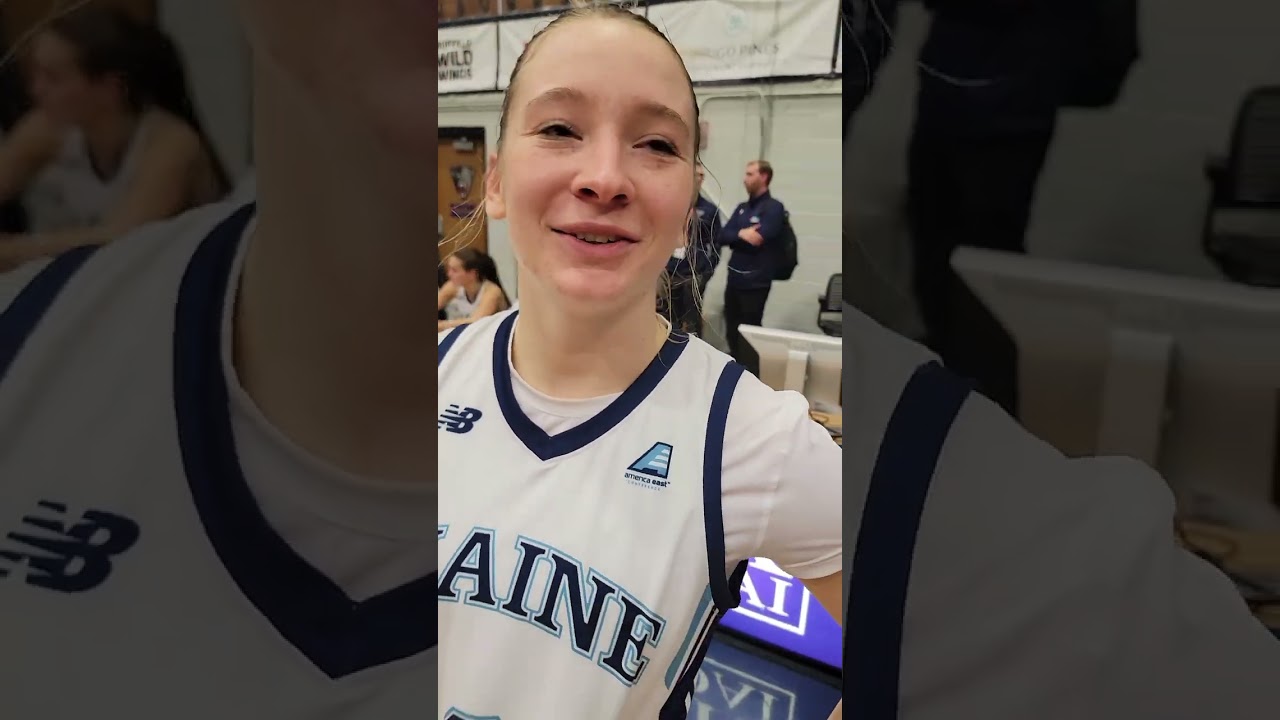 Anne Simon and Adrianna Smith postgame after a Maine win over UMBC on Saturday 1/14/23