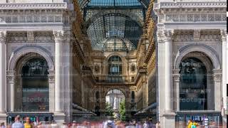 Entrance to the Galleria Vittorio Emanuele II timelapse on the Piazza del Duomo Cathedral Square