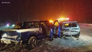 Snowstorm brings dangerous driving conditions on I-80 through the Sierra