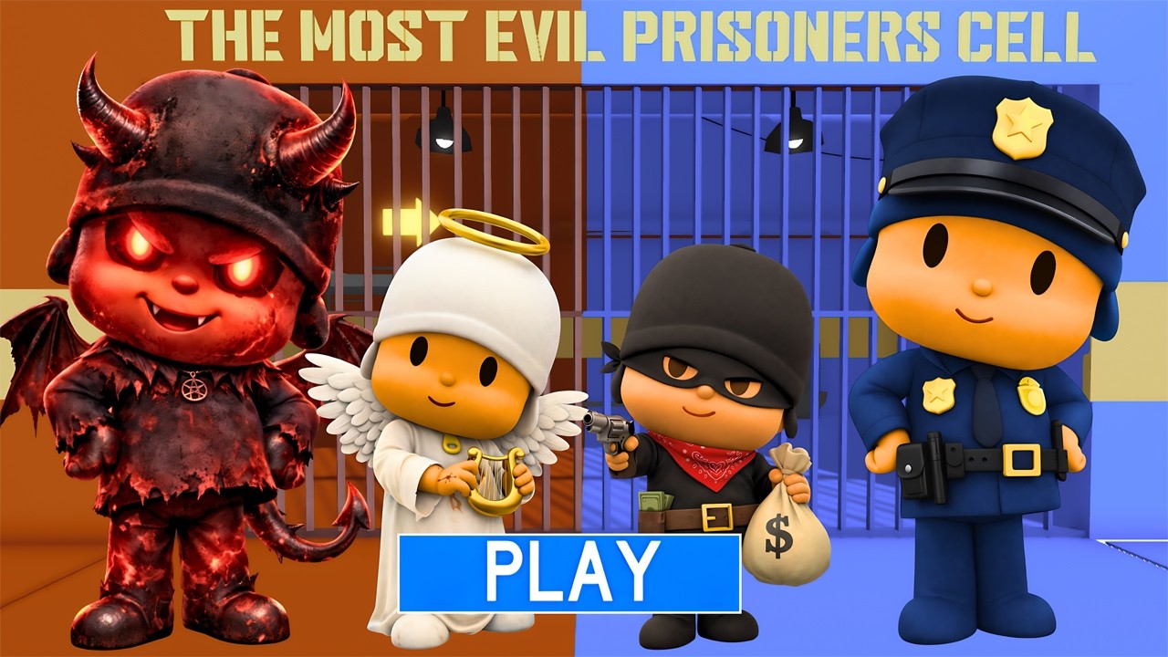 DEMON POCOYO and ANGEL POCOYO VS THIEF POCOYO and POLICE POCOYO in BARRY'S PRISON RUN!