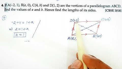 4. If A(-2,1), B(a,0), C(4,b) and D(1,2) are the vertices of parallelogram ABCD. Find a and b, side