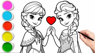 Elsa and Anna Drawing Painting and Coloring For Kids Toddlers || How to draw Frozen and Anna