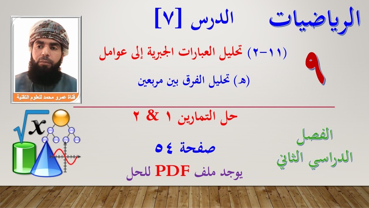 الرياضيات-التاسع الفصل الثاني | الدرس السابع (11-2) (هـ) تحليل الفرق بين مربعين- تمرين (1&2) صفحة 54