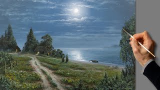 Аcrylic Landscape Painting - Full Moon Sea / Easy Art / Drawing Lessons Palette / Relaxing / Море