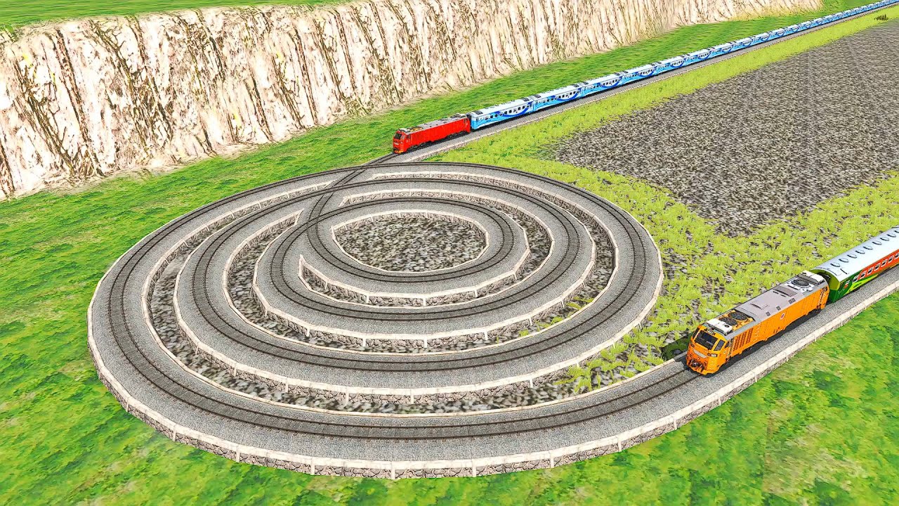 2 Longest Trains vs Rotating Spiral Railroad Track-Kereta Api Oleng ...