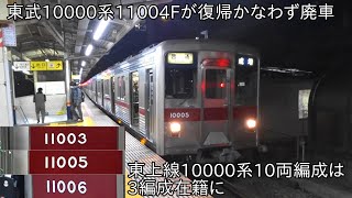 【長期離脱の東武10000系11004Fが復帰かなわず廃車に】東武10000系11004Fが廃車になったため、10両編成の東上線10000系は3編成在籍に ~東上線の予備がこの状況だと不足状態に~