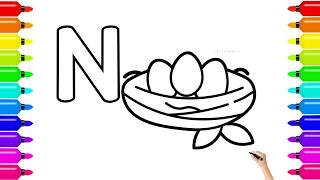 N for Nest Drawing & Coloring 🪺 | Step by Step Art for Children