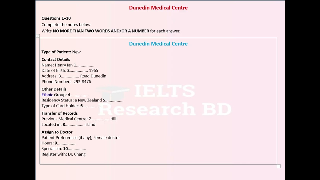 Медицинский центр Данидина, часть 1, IELTS, аудирование (22.11.25)