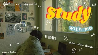 5-hour study with me ✨ đón bình minh | studio ghibli, shinkai makoto + rain sound | pomodoro 50/10