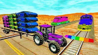 Flatbed Trailer Monster Truck vs Train - Cars vs Speed Bumps - BeamNG.Drive