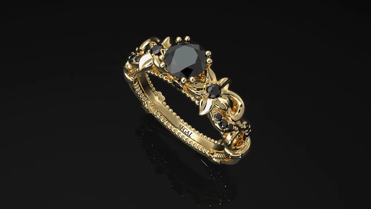 Vintage Flower Openwork Gold Black Diamond Engagement Ring - Ann No. 37