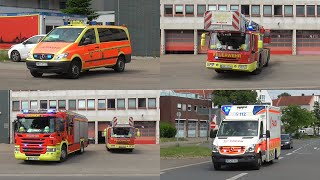 B-Dienst, C-Dienst, HLF, DLK der Berufsfeuerwehr Herne und RTW Falck auf Einsatzfahrt in Herne