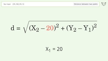 Find the distance between two points p1 (20,26) and p2 (35,5): Step-by-Step Video Solution