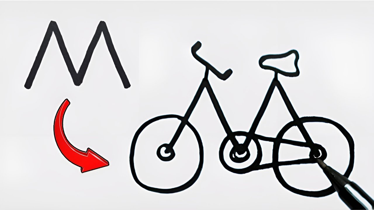 Amazing bicycle drawing from letter M How to draw bicycle YouTube