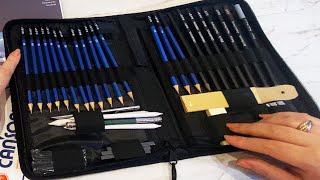 حقيبة ( أقلام وأدوات التظليل والرسم بالرصاص والفحم ) عرض وتجربة  محتوياتها