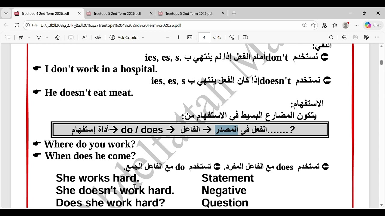 Treetops 4 2nd Term 2026  النفي والسؤال في زمن المضارع البسيط