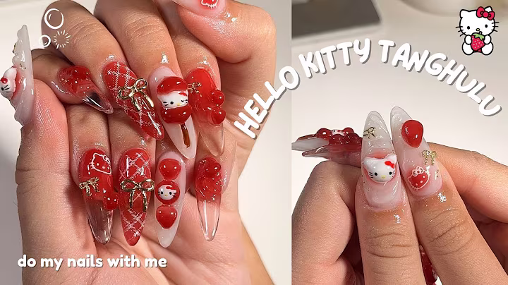 do my nails with me ‧₊ ᵎᵎ 🍓 ⋅ ˚✮ hello kitty tanghulu nails, handmade charms, asmr, etc🎀
