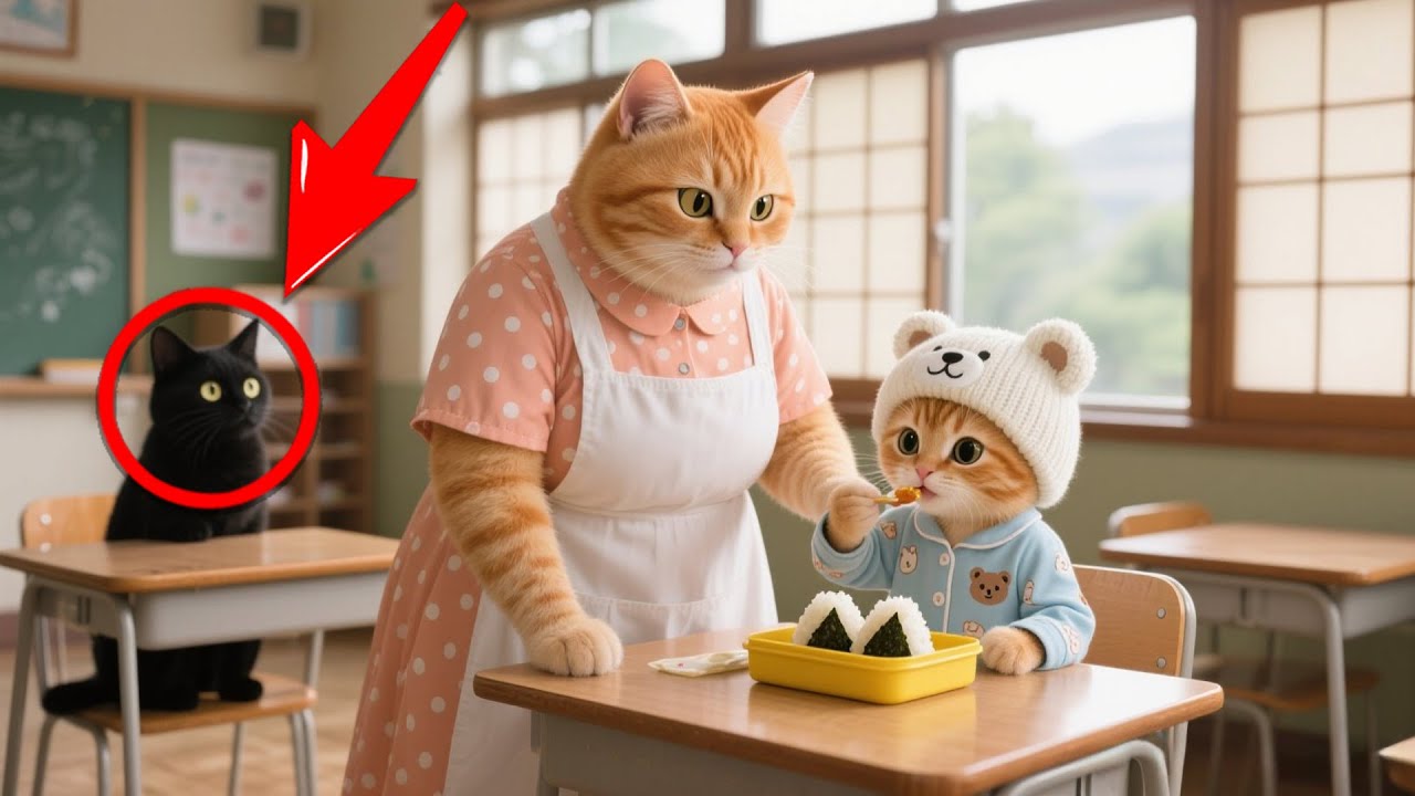 Ginger Kitten Can't Have Lunch Because of the Black Cat, Mother Cat Responds with Kindness