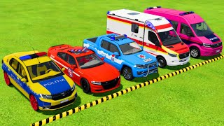 DRIVING DACIA, DODGE, VOLKSWAGEN POLICE CARS & MERCEDES AMBULANCE EMERGENCY TO THE GARAGE ! FS22