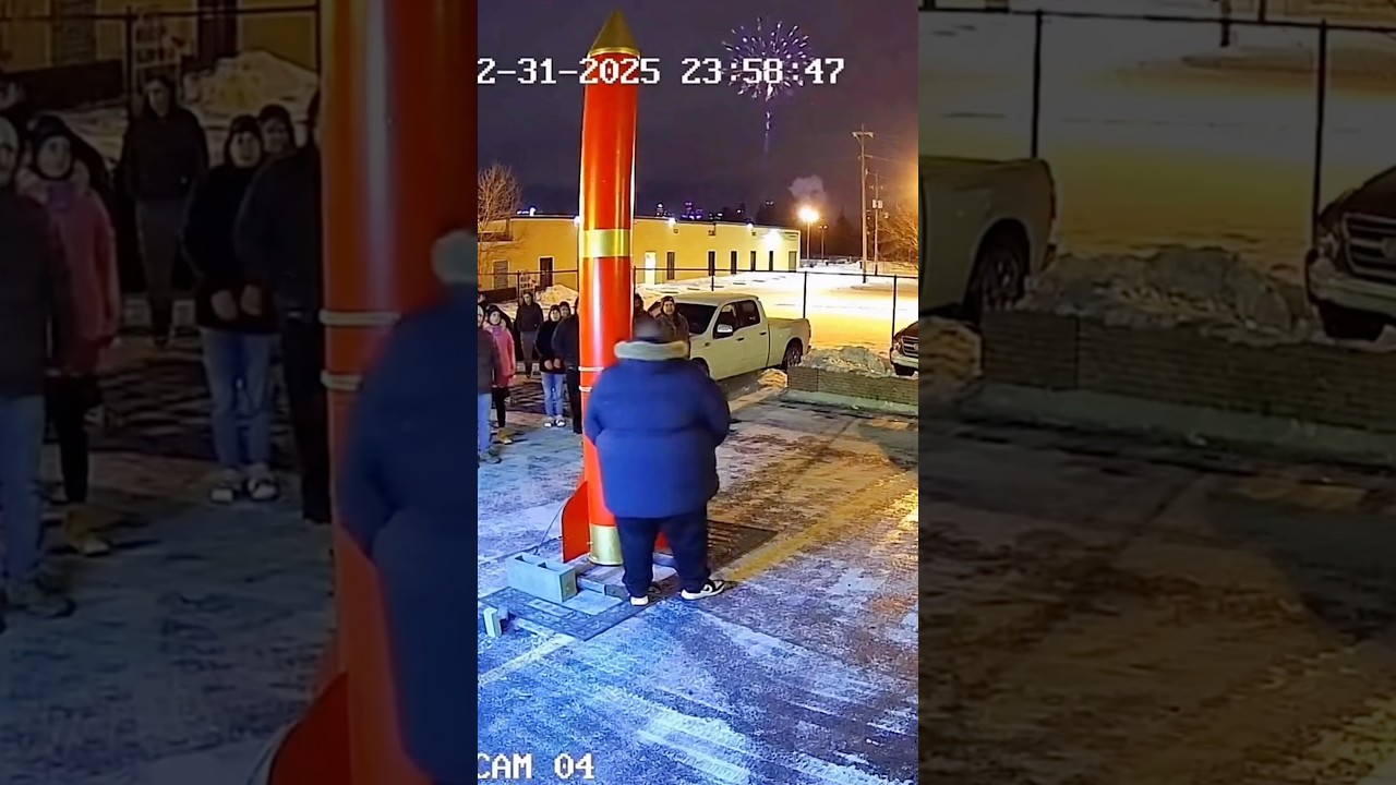 Мужчина пытается завершить год с размахом… и чуть не улетает, запустив фейерверк. 🎆🚀