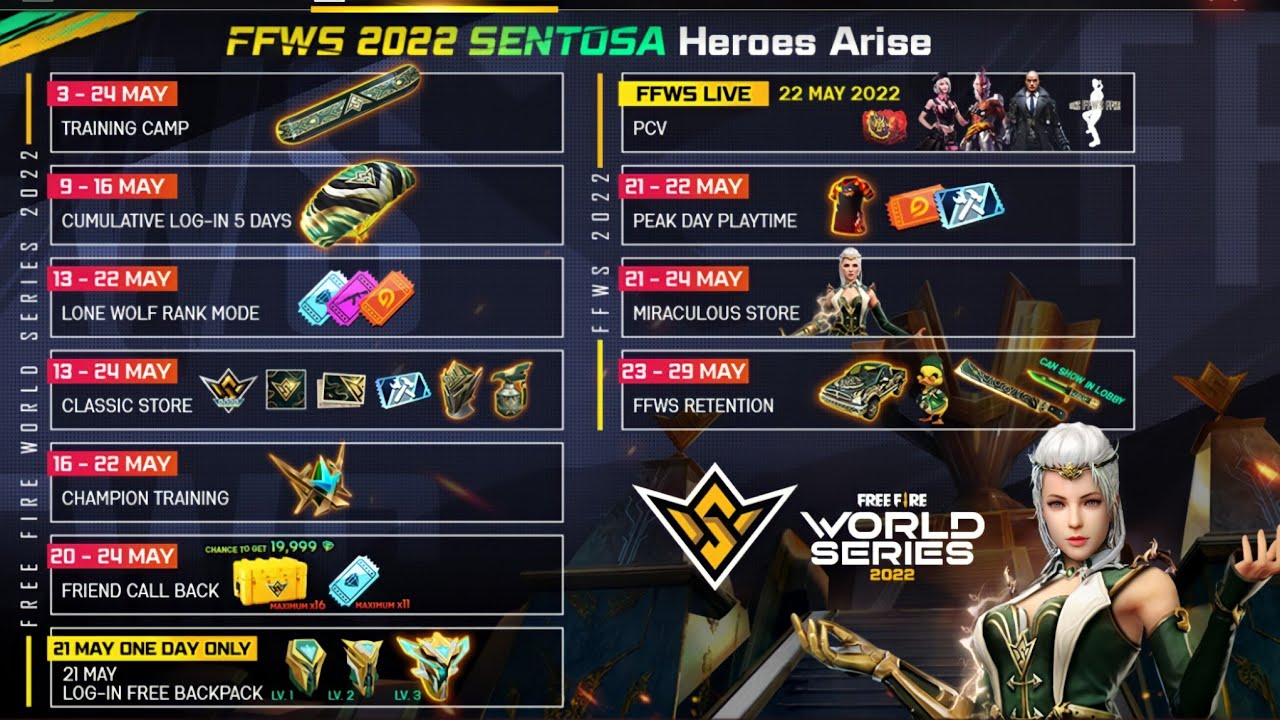 FFWS Event Calendar Free Fire | Free All Rewards Free Fire World Series 2022 Event | FF New Event