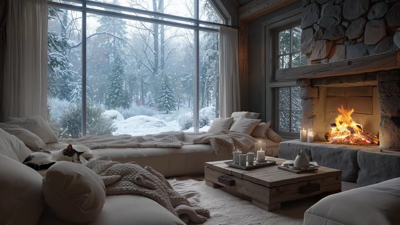 Cabin Living Room ❄️Relaxing Piano, Fireplace & Snowfall for Work, Deep Sleep