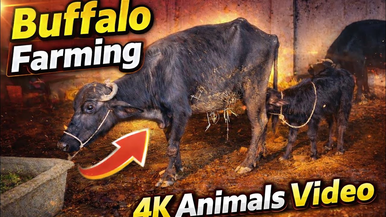 Buffalo Farming Baby Cow With Mother || 4K Animals Video || 