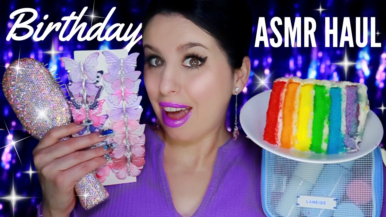 ASMR-набор на день рождения: распаковка блестящих подарков, поедание радужного торта и чтение ска...