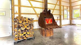 Excavator Bucket Wood Stove Install and First Fire