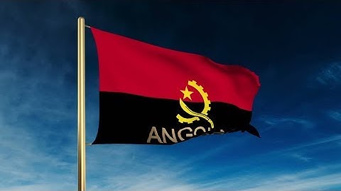 4K Angola flag slider style with title. Waving in the wind with cloud background animation Stock