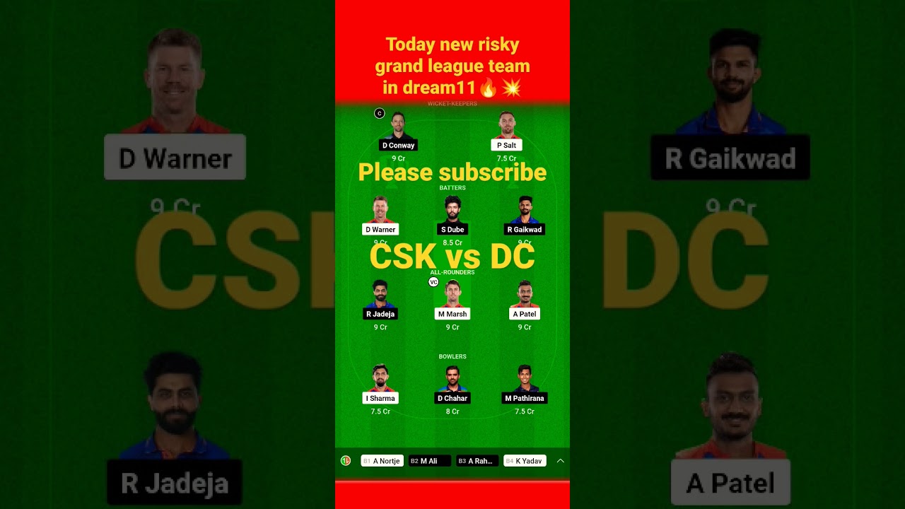Today new risky grand league team in dream11💥 CSK vs DC 