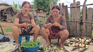 Xiavaj and Maivkawm cooked pumpkin shoots soup Hmong unique soup and chopped bamboo shoots