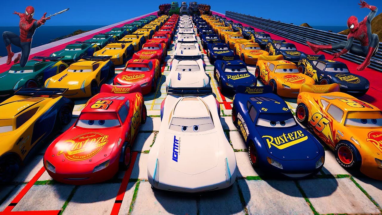 GTA 5 Spiderman Cars Challenge Lightning & Monster McQueen Jackson Storm Fabulous Disney Pixar Cars