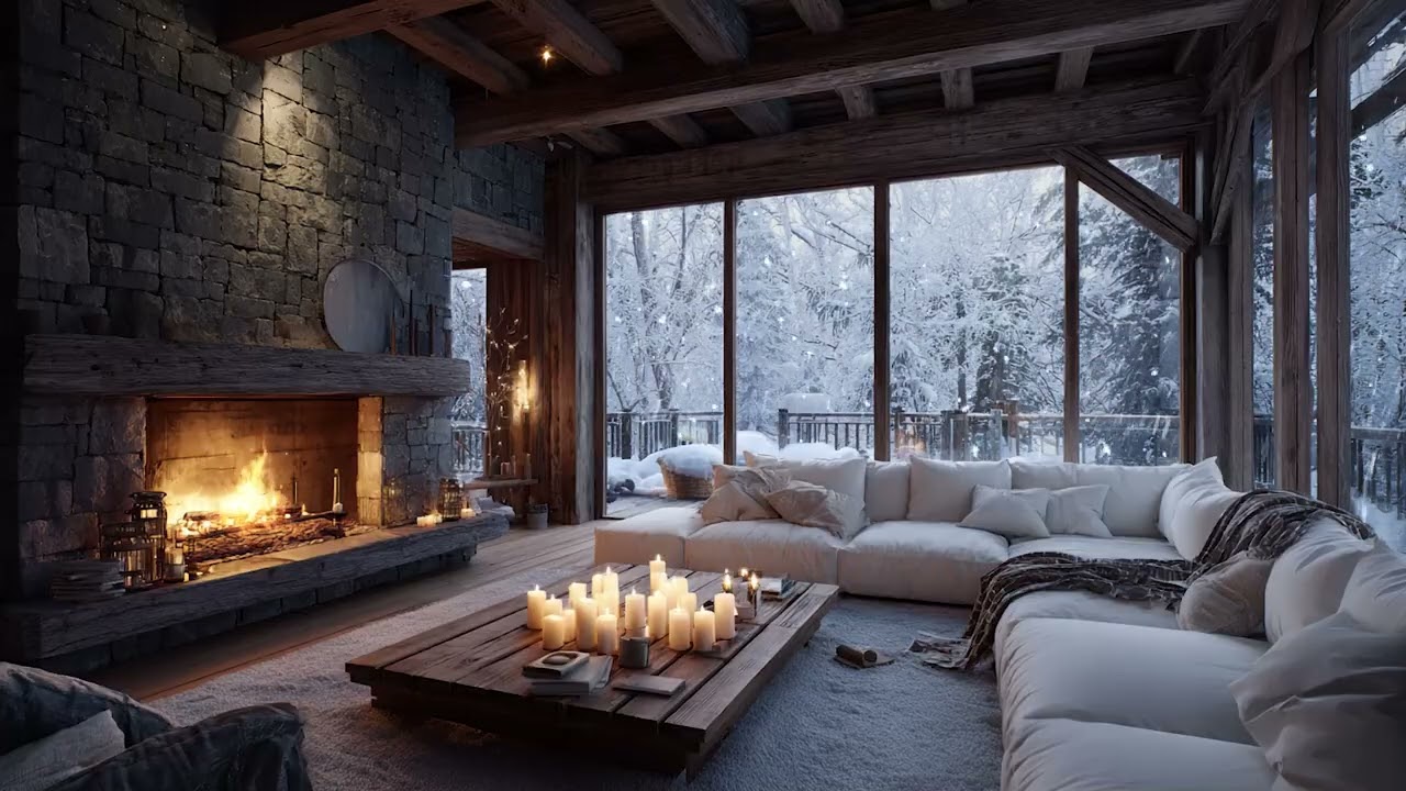 🤍❄️Peaceful White Piano Night | Snowfall Outside & Fireplace for Healing Calm