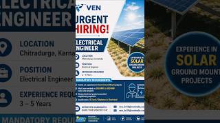 VEN Electrical Engineer Hiring 🔥 Solar Project Jobs | Apply Now #jobopeningVENIndia #ElectricalEng