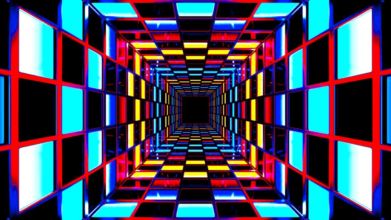 🔷 Заставка 4K – Многоцветный Неоновый Тоннель в Сетке VJ (Без Звука)