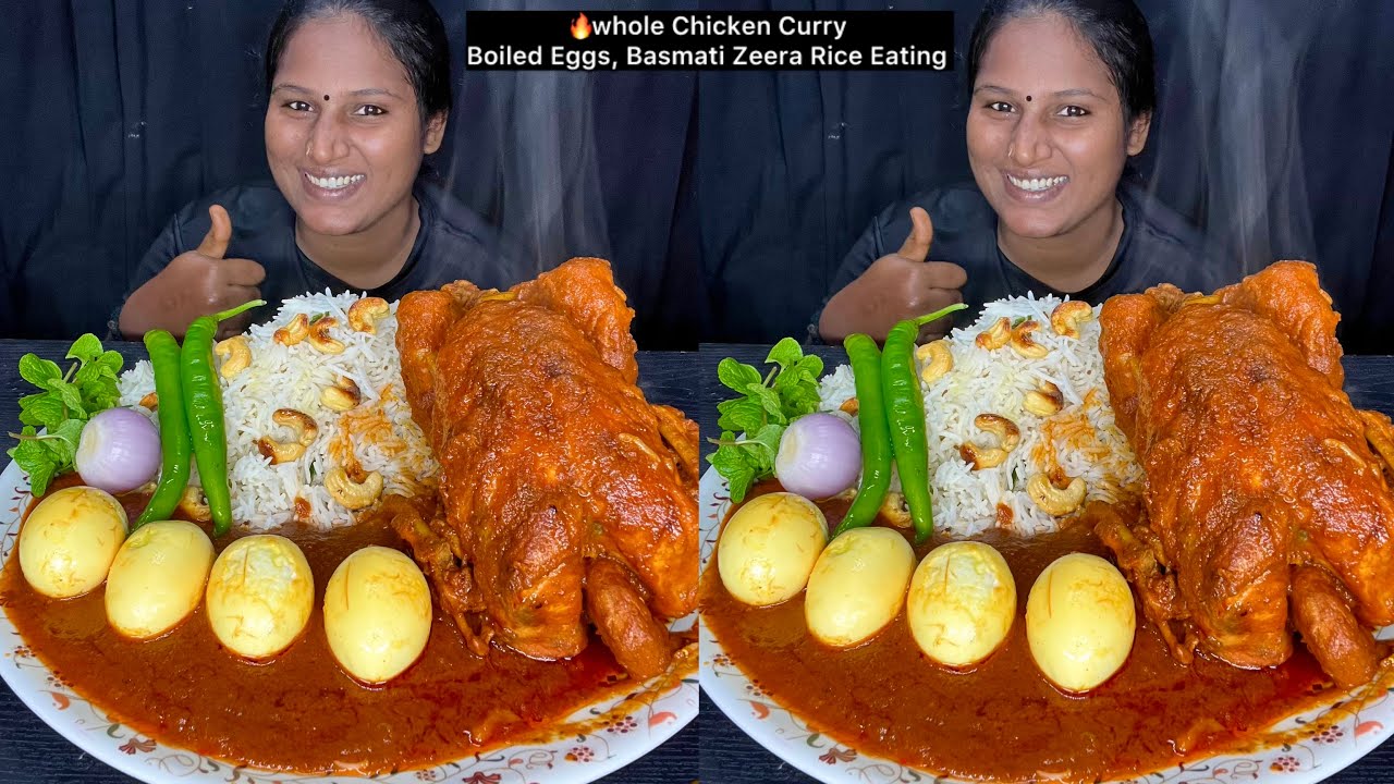 Whole Chicken Curry, Boiled Eggs with Basmati Zeera Rice Eating Challenge | Video 221