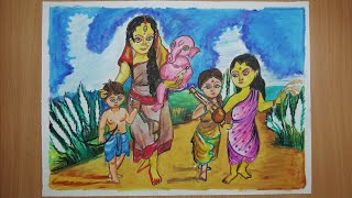 How to draw Durga Puja Drawing with oil pastels,Durga with her family drawing, Autumn Season Drawing