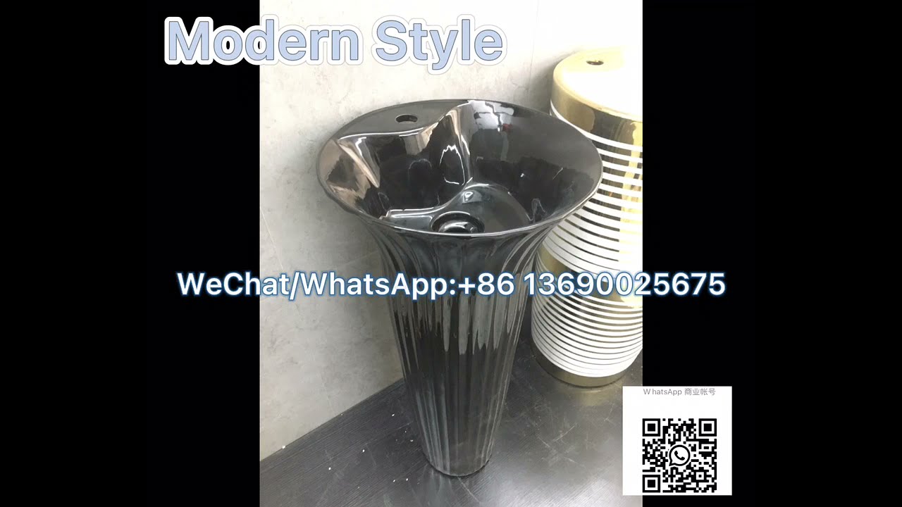 Modern design black pedestal basin, Fashion style bathroom ceramic black floor standing wash basins.