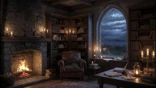 🧙 Cozy Wizard Library Fireplace | Rainy Night Fantasy Ambience for Sleep (2 HOURS)