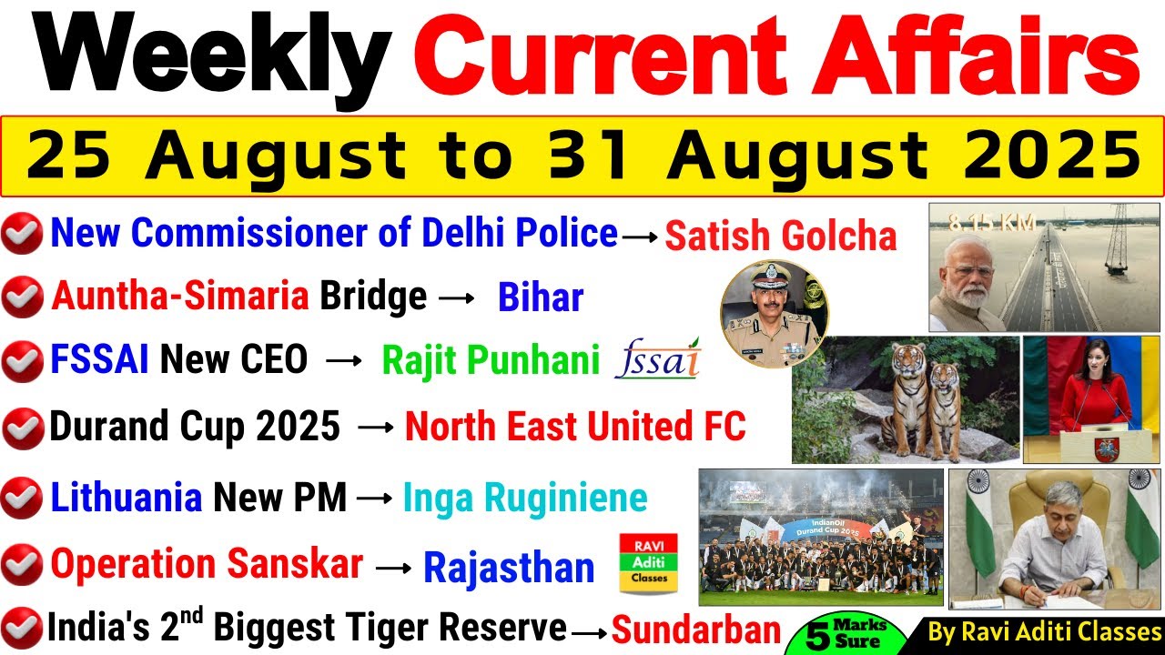 24 August To 31 August 2025 | Weekly Current Affairs | August 2025 Current Affairs Important MCQ