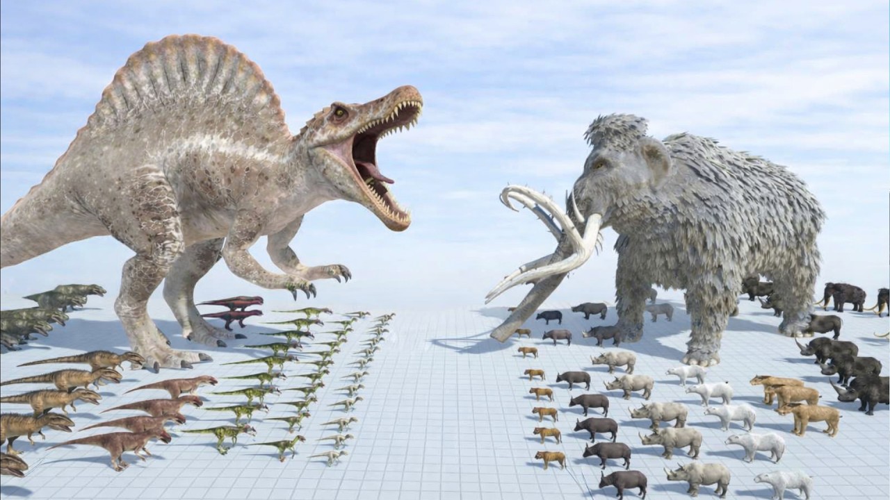 Spinosaurus and Mammoth Lead Opposing Armies – Battlefield Dominance Test