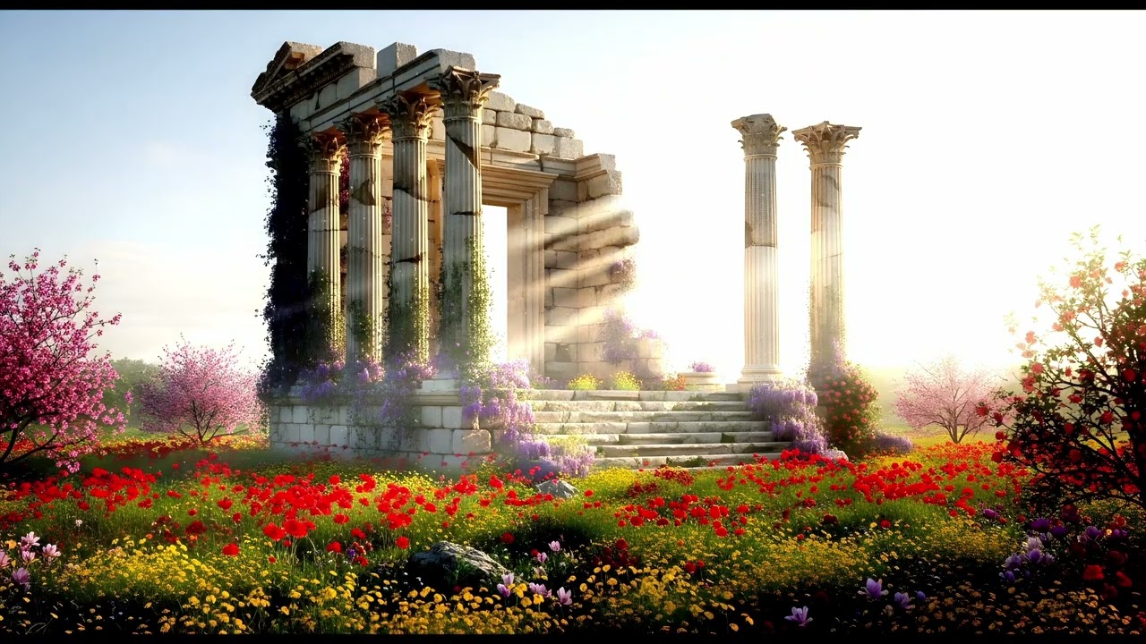 Peaceful Morning Piano drifting through Temple Ruins at Sunrise with Flowers @RelaxyVibesMelody