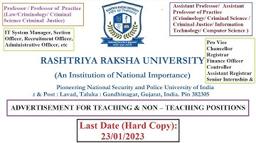 RASHTRIYA RAKSHA UNIVERSITY, Gujarat recruitment 2022 | Teaching & Non-teaching Posts | POSTS-17