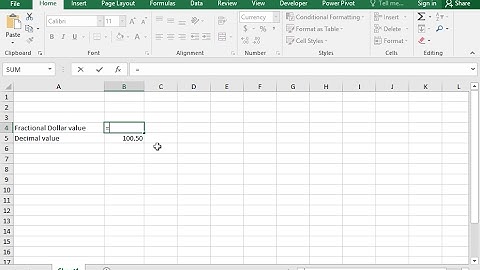 Use the DOLLARFR function to convert a currency value from decimal to fractional (Excel 2016)