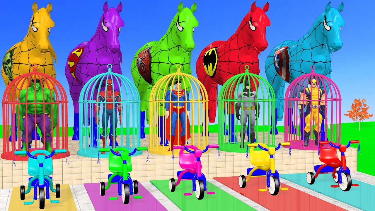 RED HORSE SPIDERMAN CROSSING FOUNTAIN ON RAINBOW SPIDERS BRIDGE AGAINST SHARKS RESCUE ANIMALS GAME