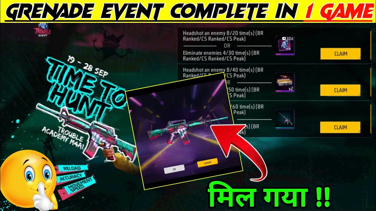 Free Trouble M4a1 Gun Skin Kaise Milega | FF New Event | Time To Hunt Event Kaise Complete Karen